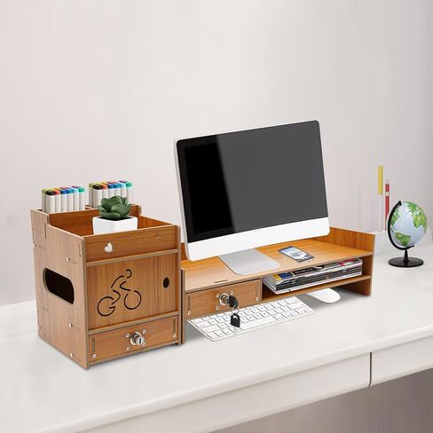 Monitor Riser with Storage, Density Board Laptop Stand, Under Monitor Desk Organizer Adjustable and Reversible Monitor Stand with Drawer with Small Line Hole for Placing Monitor (Wood) in Kuwait