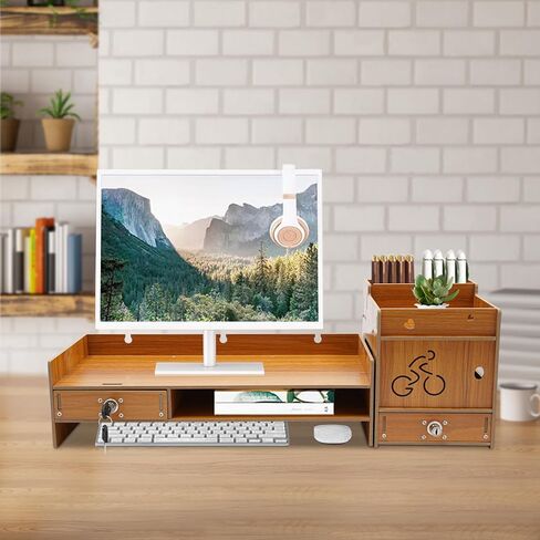 Monitor Riser with Storage, Density Board Laptop Stand, Under Monitor Desk Organizer Adjustable and Reversible Monitor Stand with Drawer with Small Line Hole for Placing Monitor (Wood) in Kuwait