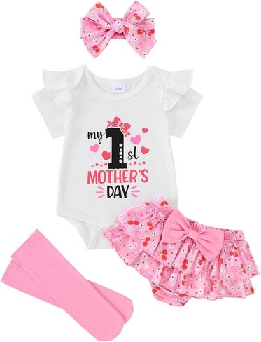 My First Mothers Day Baby Girl Outfit Newborn Infant 1st Mother's Day Romper Skirt Set With Headband Leggings 4Pcs in Saudi Arabia