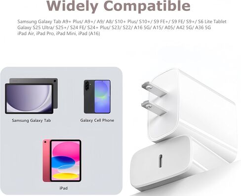 شاحن USB C سريع لجهاز Samsung Galaxy Tab A9+ A8 S11 S10+ Plus S9+ Tablet، Galaxy S25 Ultra S24 FE A36 5G A16 A15، iPad Air، iPad mini، iPad A16 Type C محول حائط 20 وات، عبوتان in Kuwait