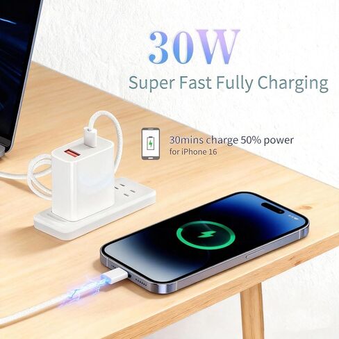 شاحن USB C بقوة 30 وات لهاتف iPhone 17 للشحن السريع، كتلة شاحن حائط مع سلك كابل من النوع C بطول 5 أقدام، شاحن هاتف متوافق مع iPhone 17 16 15 Pro Max/16 15 Pro/16 15، iPad Pro/Air، MacBook in Kuwait