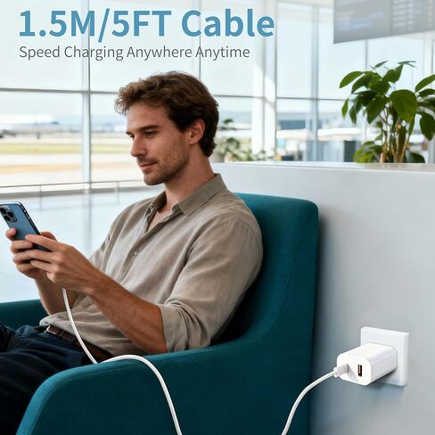 شاحن USB C بقوة 30 وات لهاتف iPhone 17 للشحن السريع، كتلة شاحن حائط مع سلك كابل من النوع C بطول 5 أقدام، شاحن هاتف متوافق مع iPhone 17 16 15 Pro Max/16 15 Pro/16 15، iPad Pro/Air، MacBook in Kuwait