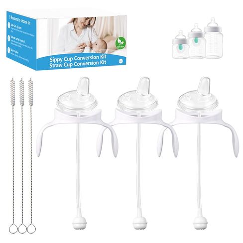 مجموعة تحويل كوب القش لزجاجات الأطفال المضادة للمغص من Philips Avent، طقم انتقال للأطفال الصغار مع 3 حلمات ذات مصاصة ناعمة، 3 عبوات من مقابض الزجاجات، 3 عبوات من القش الموزون، 3 عبوات من فرش التنظيف (النموذج 2) in Kuwait