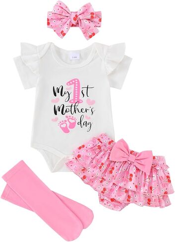 My First Mothers Day Baby Girl Outfit Newborn Infant 1st Mother's Day Romper Skirt Set With Headband Leggings 4Pcs in Saudi Arabia