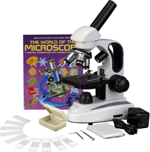 AmScope M158C-2L-PS25-WM مجهر أحادي مركب لاسلكي، عدسات WF10x وWF25x، تكبير 40x-1000x، إضاءة LED العلوية والسفلية مع مقاومة متغيرة، برايتفيلد، مكثف أحادي العدسة، تركيز محوري خشن ودقيق، مرحلة عادية، 110 فولت أو با in Saudi Arabia