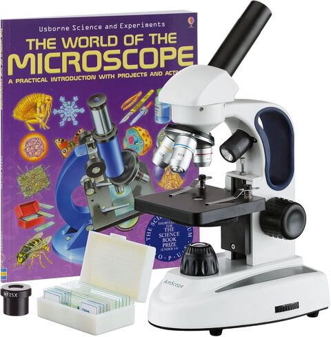AmScope M149C-2L-PB10-WM Compound Monocular Microscope, WF10x and WF25x Eyepieces, 40x-1000x Magnification, Upper and Lower LED Illumination, Brightfield, Single-Lens Condenser, Plain Stage, 110V or Battery-Powered, Heavy-Duty Metal Frame, Includes 5 Blan in Saudi Arabia