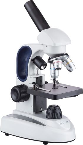 AmScope M149C-2L-PB10-WM Compound Monocular Microscope, WF10x and WF25x Eyepieces, 40x-1000x Magnification, Upper and Lower LED Illumination, Brightfield, Single-Lens Condenser, Plain Stage, 110V or Battery-Powered, Heavy-Duty Metal Frame, Includes 5 Blan in Saudi Arabia