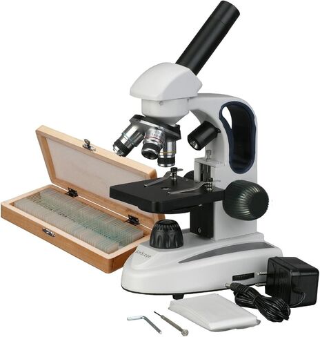 AmScope M149C-2L-PS50 Compound Monocular Microscope, WF10x and WF25x Eyepieces, 40x-1000x Magnification, Upper and Lower LED Illumination, Brightfield, Single-Lens Condenser, Plain Stage, 110V or Battery-Powered, Heavy-Duty Metal Frame, Includes Set of 50 in Saudi Arabia