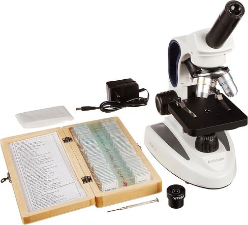 AmScope M149C-2L-PS50 Compound Monocular Microscope, WF10x and WF25x Eyepieces, 40x-1000x Magnification, Upper and Lower LED Illumination, Brightfield, Single-Lens Condenser, Plain Stage, 110V or Battery-Powered, Heavy-Duty Metal Frame, Includes Set of 50 in Saudi Arabia