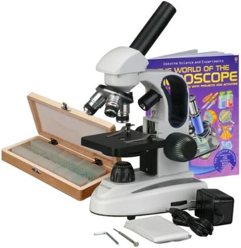 مجهر أحادي مركب AmScope M149C-2L-PS50-WM، عدسات WF10x وWF25x، تكبير 40x-1000x، إضاءة LED العلوية والسفلية، Brightfield، مكثف أحادي العدسة، مرحلة عادية، 110 فولت أو يعمل بالبطارية، إطار معدني عالي التحمل، يتضمن مجموعة من in Saudi Arabia