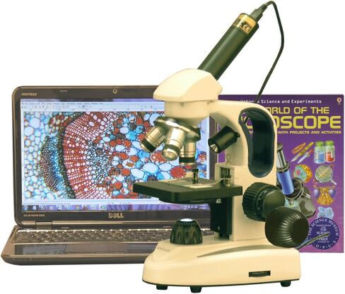 مجهر أحادي العين مركب رقمي M149C-2L-WM-E من AmScope، عدسات WF10x وWF25x، تكبير 40x-1000x، إضاءة LED العلوية والسفلية، Brightfield، مكثف أحادي العدسة، مرحلة عادية، 110 فولت أو يعمل بالبطارية، إطار معدني عالي التحمل، يتضمن B in Saudi Arabia