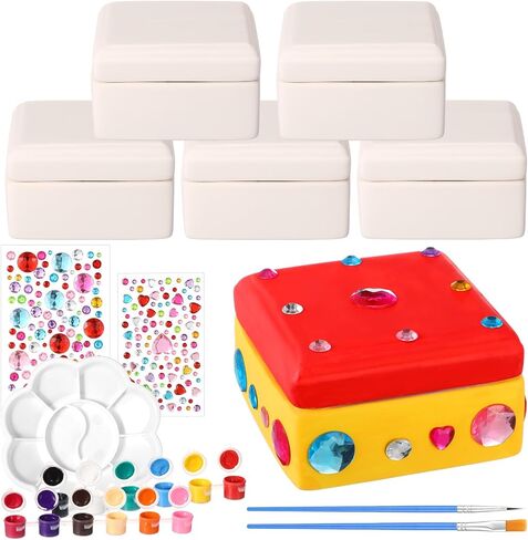 Teenyyou 15 Pcs 6 Sets Paint Your Own Ceramic Jewelry Box Painting DIY Craft Set Unfinished Dasiy Treasure Box with 2 Strips of Paints 2 Brushes 1 Palette 2 Diamond Stickers 2 Glitters in Saudi Arabia