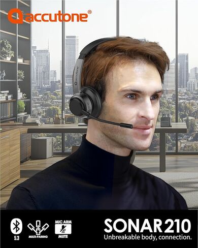 سماعات رأس Accutone Sonar 210 Mono Bluetooth، سماعة رأس مع ميكروفون، بطارية طويلة الأمد لأجهزة الكمبيوتر/Mac والهواتف المحمولة. متوافق مع MS Teams/Skype/Zoom، أفضل خيار للعمل in Saudi Arabia