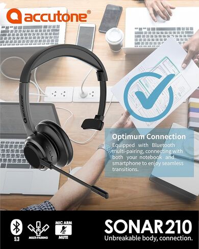 سماعات رأس Accutone Sonar 210 Mono Bluetooth، سماعة رأس مع ميكروفون، بطارية طويلة الأمد لأجهزة الكمبيوتر/Mac والهواتف المحمولة. متوافق مع MS Teams/Skype/Zoom، أفضل خيار للعمل in Saudi Arabia