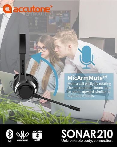 سماعات رأس Accutone Sonar 210 Mono Bluetooth، سماعة رأس مع ميكروفون، بطارية طويلة الأمد لأجهزة الكمبيوتر/Mac والهواتف المحمولة. متوافق مع MS Teams/Skype/Zoom، أفضل خيار للعمل in Saudi Arabia