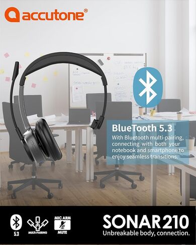 سماعات رأس Accutone Sonar 210 Mono Bluetooth، سماعة رأس مع ميكروفون، بطارية طويلة الأمد لأجهزة الكمبيوتر/Mac والهواتف المحمولة. متوافق مع MS Teams/Skype/Zoom، أفضل خيار للعمل in Saudi Arabia