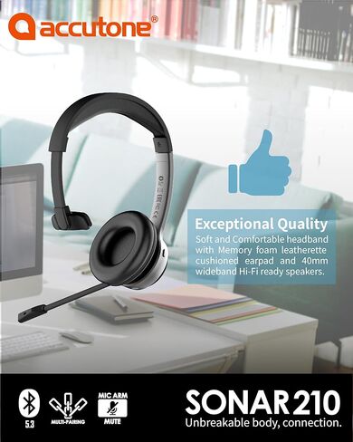 سماعات رأس Accutone Sonar 210 Mono Bluetooth، سماعة رأس مع ميكروفون، بطارية طويلة الأمد لأجهزة الكمبيوتر/Mac والهواتف المحمولة. متوافق مع MS Teams/Skype/Zoom، أفضل خيار للعمل in Saudi Arabia