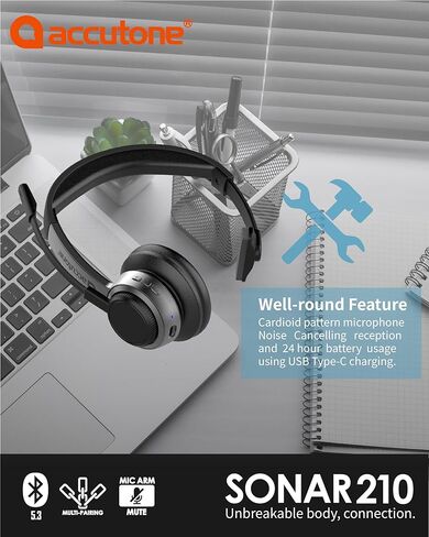 سماعات رأس Accutone Sonar 210 Mono Bluetooth، سماعة رأس مع ميكروفون، بطارية طويلة الأمد لأجهزة الكمبيوتر/Mac والهواتف المحمولة. متوافق مع MS Teams/Skype/Zoom، أفضل خيار للعمل in Saudi Arabia
