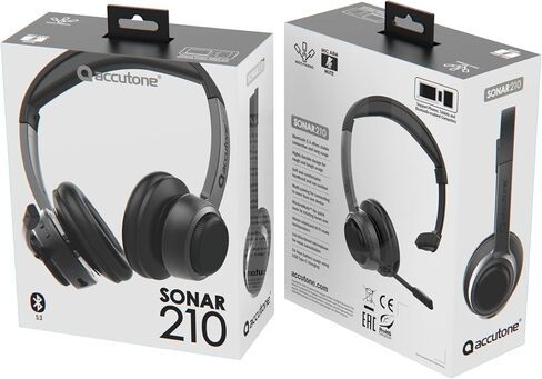سماعات رأس Accutone Sonar 210 Mono Bluetooth، سماعة رأس مع ميكروفون، بطارية طويلة الأمد لأجهزة الكمبيوتر/Mac والهواتف المحمولة. متوافق مع MS Teams/Skype/Zoom، أفضل خيار للعمل in Saudi Arabia