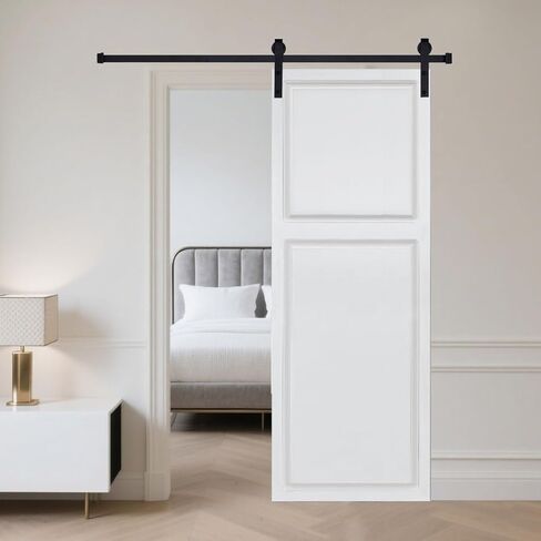 باب على طراز كوخ مكون من لوحتين بسمك 3/4 بوصة وسمك 36 بوصة × 80 بوصة. باب منزلق من خشب MDF White Barn مع مجموعة أدوات - أبيض حليبي - MDF - تصميم مصنوع باستخدام الحاسب الآلي - اختيار مستدام in Saudi Arabia