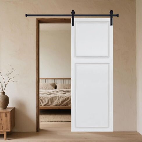 باب على طراز كوخ مكون من لوحتين بسمك 3/4 بوصة وسمك 36 بوصة × 80 بوصة. باب منزلق من خشب MDF White Barn مع مجموعة أدوات - أبيض حليبي - MDF - تصميم مصنوع باستخدام الحاسب الآلي - اختيار مستدام in Saudi Arabia