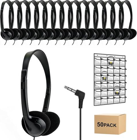 25 Pack Class Set Headphones for Kids Students School Classroom Bulk Earphones Adjustable with 3.5 mm Jack for Library Children Adults(004 Black Headphones) in Saudi Arabia