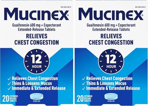 Mucinex Chest Congestion, Expectorant 12 Hour Extended Release Tablets, 20ct, 600mg Guaifenesin with Extended Relief of Chest Congestion Caused by Excess Mucus. Thins and Loosens Mucus in Saudi Arabia