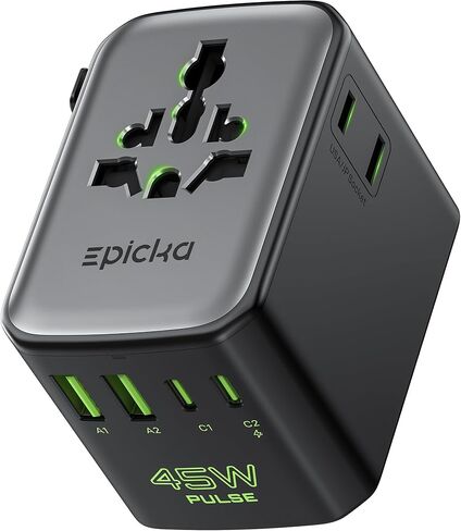 Epicka Pulse Duo محول سفر عالمي بقدرة 65 وات، محول طاقة دولي مع PD & QC 3.0 شحن سريع لجهازين في وقت واحد، محول قابس السفر الأوروبي، أساسيات السفر (أسود) in Kuwait
