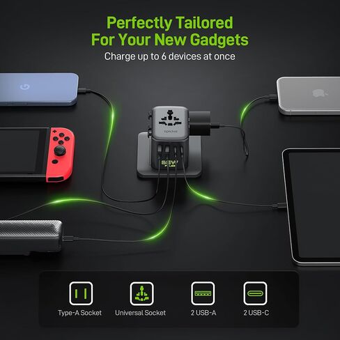 Epicka Pulse Duo محول سفر عالمي بقدرة 65 وات، محول طاقة دولي مع PD & QC 3.0 شحن سريع لجهازين في وقت واحد، محول قابس السفر الأوروبي، أساسيات السفر (أسود) in Kuwait
