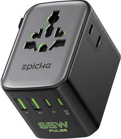 Epicka Pulse Duo محول سفر عالمي بقدرة 65 وات، محول طاقة دولي مع PD & QC 3.0 شحن سريع لجهازين في وقت واحد، محول قابس السفر الأوروبي، أساسيات السفر (أسود) in Kuwait