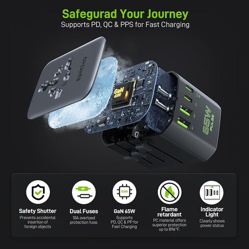 Epicka Pulse Duo محول سفر عالمي بقدرة 65 وات، محول طاقة دولي مع PD & QC 3.0 شحن سريع لجهازين في وقت واحد، محول قابس السفر الأوروبي، أساسيات السفر (أسود) in Kuwait