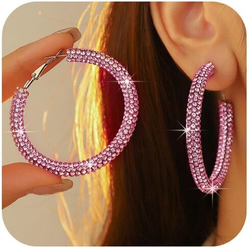 حجر الراين هوب أقراط كبيرة تألق بيان أقراط للنساء أسود وردي أحمر عيد الميلاد تخزين هدايا مجوهرات in Kuwait