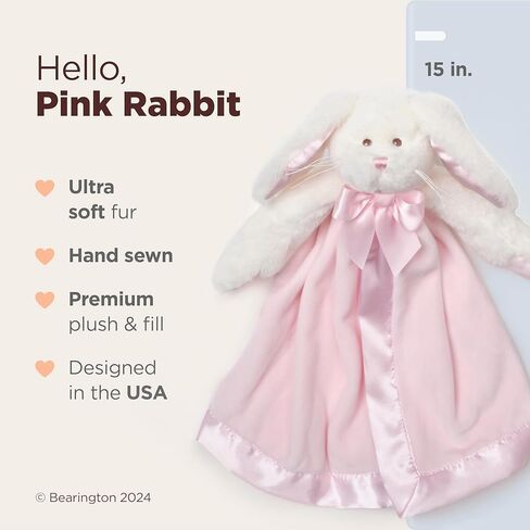 Bearington Baby Bunny Snuggler - بطانية أمان وردية للرضع مقاس 15 بوصة مع زخرفة من الساتان ورأس أرنب قطيفة - محببة ناعمة للفتيات وحديثي الولادة - هدية بطانية مريحة للتعميد والاستحمام in Kuwait