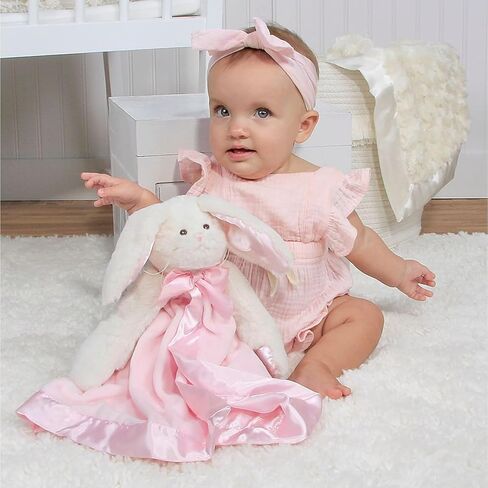 Bearington Baby Bunny Snuggler - بطانية أمان وردية للرضع مقاس 15 بوصة مع زخرفة من الساتان ورأس أرنب قطيفة - محببة ناعمة للفتيات وحديثي الولادة - هدية بطانية مريحة للتعميد والاستحمام in Kuwait