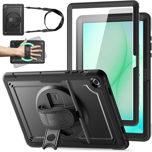 Case for Samsung Galaxy Tab A11 Plus/A9 Plus, Galaxy Tab A11+/A9+ 11 Inch 2025/2023 with Screen Protector, 360 Rotating Hand Strap&Stand, Shoulder Strap, Pencil Holder, Black in Saudi Arabia
