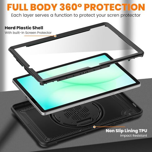Case for Samsung Galaxy Tab A11 Plus/A9 Plus, Galaxy Tab A11+/A9+ 11 Inch 2025/2023 with Screen Protector, 360 Rotating Hand Strap&Stand, Shoulder Strap, Pencil Holder, Black in Saudi Arabia