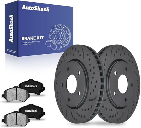 AutoShack Front Drilled & Slotted Brake Rotors Ceramic Brake Pads | Replacement For Dodge Grand Caravan Journey Chrysler Town & Country VW Routan V6 | Black Matte Finish | 6-PC Brake Kit | BlackShield in Saudi Arabia