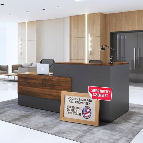 مكتب استقبال على شكل حرف L مع عداد من OfficeSimpli - 78.5 × 40.5 × 42 بوصة - صنع في الولايات المتحدة الأمريكية، يتم تجميع السفينة في الغالب، طاولة استقبال على شكل حرف L مع رف تخزين، أدراج قابلة للقفل للمكتب واللوبي in Saudi Arabia
