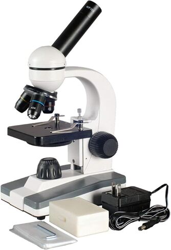 AmScope M148C-PB10 Compound Monocular Microscope, WF10x and WF25x Eyepieces, 40x-1000x Magnification, LED Illumination, Brightfield, Single-Lens Condenser, Plain Stage, 110V or Battery-Powered, Includes 5 Blank and 5 Prepared Slides in Saudi Arabia