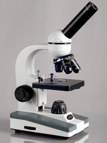 AmScope M148C-PB10-WM مجهر أحادي مركب، عدسات WF10x وWF25x، تكبير 40x-1000x، إضاءة LED، Brightfield، مكثف أحادي العدسة، مرحلة عادية، 110 فولت أو تعمل بالبطارية، تتضمن 5 شرائح فارغة، 5 شرائح جاهزة، وكتاب in Saudi Arabia