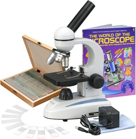 AmScope M149C-PS100-WM مجهر أحادي مركب، عدسات WF10x وWF25x، تكبير 40x-1000x، إضاءة LED، Brightfield، مكثف أحادي العدسة، مرحلة عادية، 110 فولت أو يعمل بالبطارية، إطار معدني عالي التحمل، يتضمن مجموعة من 100 شريحة جاهزة in Saudi Arabia