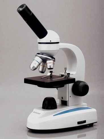 AmScope M149C-PS100-WM مجهر أحادي مركب، عدسات WF10x وWF25x، تكبير 40x-1000x، إضاءة LED، Brightfield، مكثف أحادي العدسة، مرحلة عادية، 110 فولت أو يعمل بالبطارية، إطار معدني عالي التحمل، يتضمن مجموعة من 100 شريحة جاهزة in Saudi Arabia