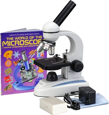 AmScope M149-PB10-WM مجهر أحادي مركب، عدسة WF10x، تكبير 40x-400x، إضاءة LED، Brightfield، مكثف أحادي العدسة، مرحلة عادية، 110 فولت أو يعمل بالبطارية، إطار معدني عالي التحمل، يتضمن 5 شرائح فارغة و5 جاهزة، وبو in Saudi Arabia