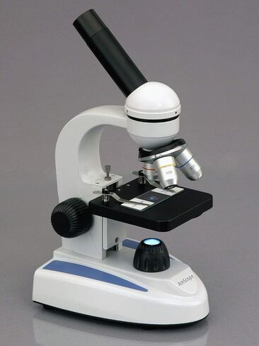 AmScope M149-PB10-WM مجهر أحادي مركب، عدسة WF10x، تكبير 40x-400x، إضاءة LED، Brightfield، مكثف أحادي العدسة، مرحلة عادية، 110 فولت أو يعمل بالبطارية، إطار معدني عالي التحمل، يتضمن 5 شرائح فارغة و5 جاهزة، وبو in Saudi Arabia