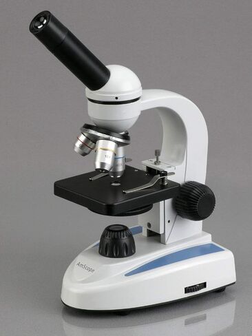 AmScope M149-PB10-WM مجهر أحادي مركب، عدسة WF10x، تكبير 40x-400x، إضاءة LED، Brightfield، مكثف أحادي العدسة، مرحلة عادية، 110 فولت أو يعمل بالبطارية، إطار معدني عالي التحمل، يتضمن 5 شرائح فارغة و5 جاهزة، وبو in Saudi Arabia