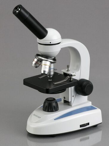AmScope M149B مجهر أحادي مركب، عدسات WF10x وWF20x، تكبير 40x-800x، إضاءة LED، Brightfield، مكثف أحادي العدسة، مرحلة عادية، 110 فولت أو يعمل بالبطارية، إطار معدني عالي التحمل in Saudi Arabia