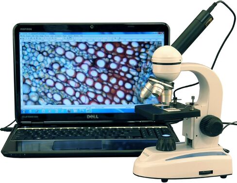 AmScope M149B مجهر أحادي مركب، عدسات WF10x وWF20x، تكبير 40x-800x، إضاءة LED، Brightfield، مكثف أحادي العدسة، مرحلة عادية، 110 فولت أو يعمل بالبطارية، إطار معدني عالي التحمل in Saudi Arabia