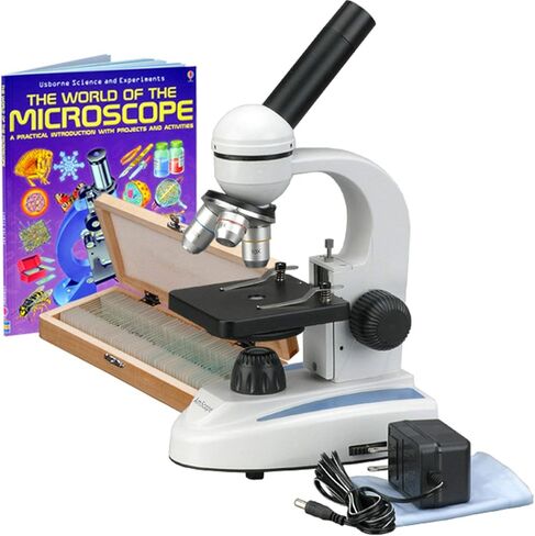 AmScope M149C-PS50-WM مجهر أحادي مركب، عدسات WF10x وWF25x، تكبير 40x-1000x، إضاءة LED، Brightfield، مكثف أحادي العدسة، مرحلة عادية، 110 فولت أو يعمل بالبطارية، إطار معدني عالي التحمل، يتضمن مجموعة من 50 شريحة مُجهزة in Saudi Arabia