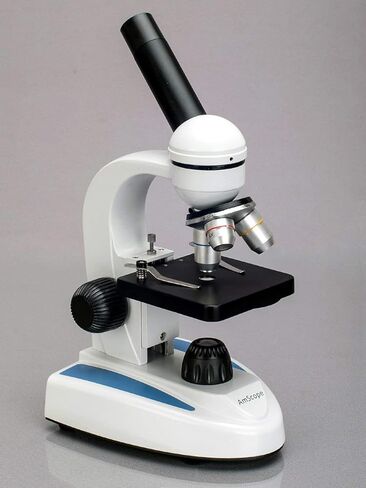 AmScope M149C-PS50-WM مجهر أحادي مركب، عدسات WF10x وWF25x، تكبير 40x-1000x، إضاءة LED، Brightfield، مكثف أحادي العدسة، مرحلة عادية، 110 فولت أو يعمل بالبطارية، إطار معدني عالي التحمل، يتضمن مجموعة من 50 شريحة مُجهزة in Saudi Arabia