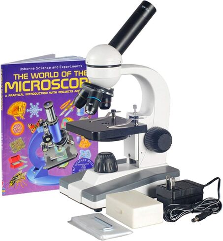 AmScope M148-PB10-WM Compound Monocular Microscope, WF10x Eyepiece, 40x-400x Magnification, LED Illumination, Brightfield, Single-Lens Condenser, Plain Stage, 110V or Battery-Powered, Includes 5 Blank Slides, 5 Prepared Slides, and Book in Saudi Arabia